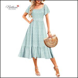 Empire Waist Midi Dress Smocked Square Neck Flutter Sleeve Off Shoulder
